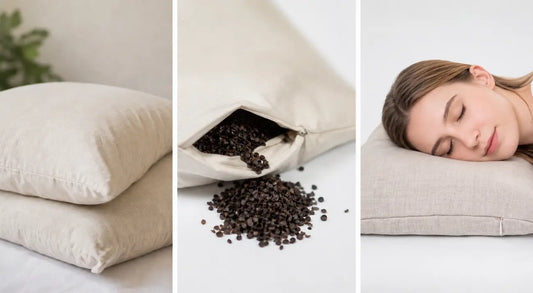 Split image of three views of a buckwheat pillow