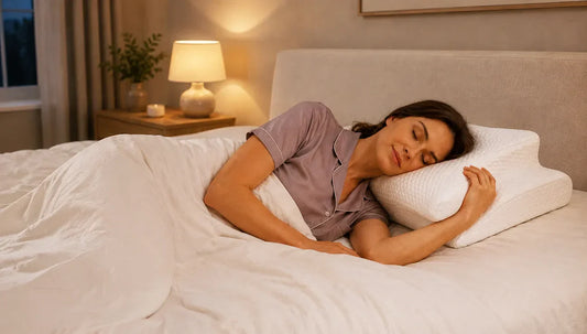 Woman sleeping on a cervical cooling pillow  