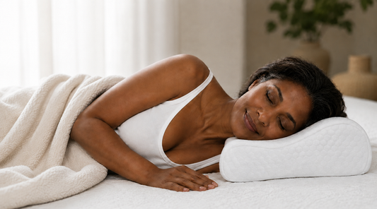 Woman sleeping on a cooling contour pillow 