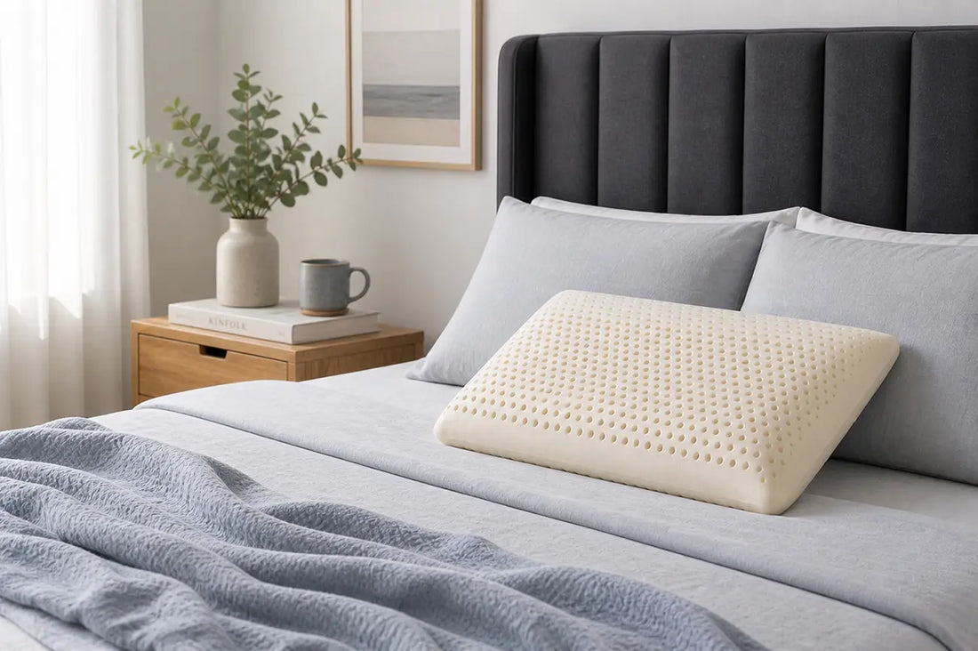Cooling latex pillow on a bed with light blue bedding