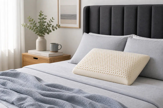 Cooling latex pillow on a bed with light blue bedding