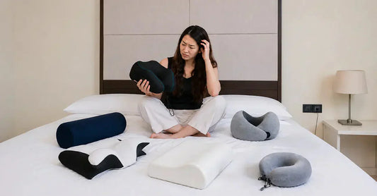 Woman sitting on a bed surrounded by multiple cooling neck pillows, holding one in her hands.