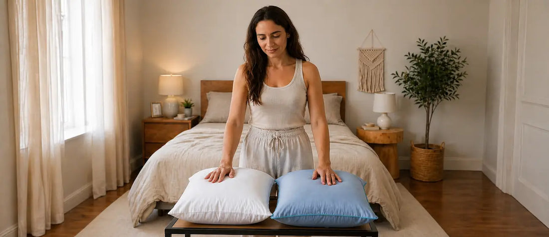 Woman comparing two cooling pillow cases on a table in a bedroom setting.
