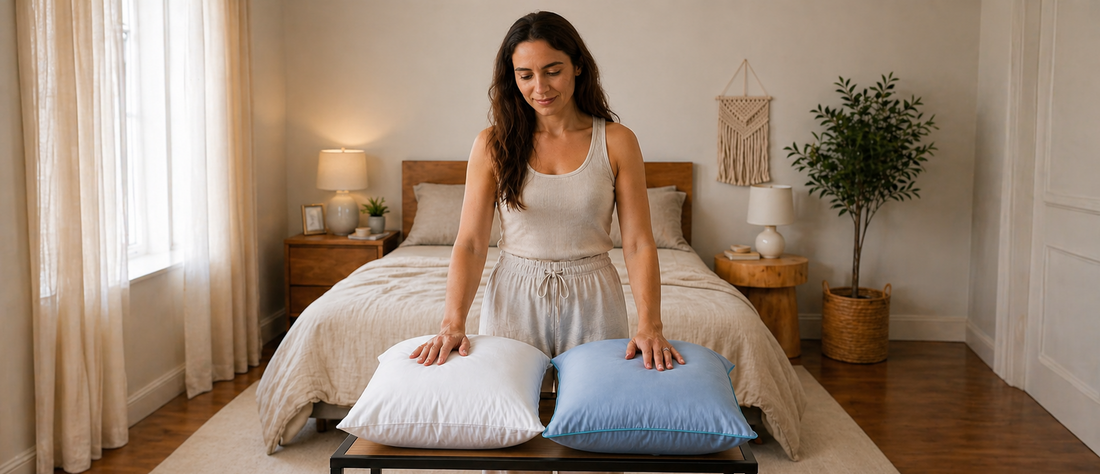 Woman comparing two cooling pillow cases on a table 