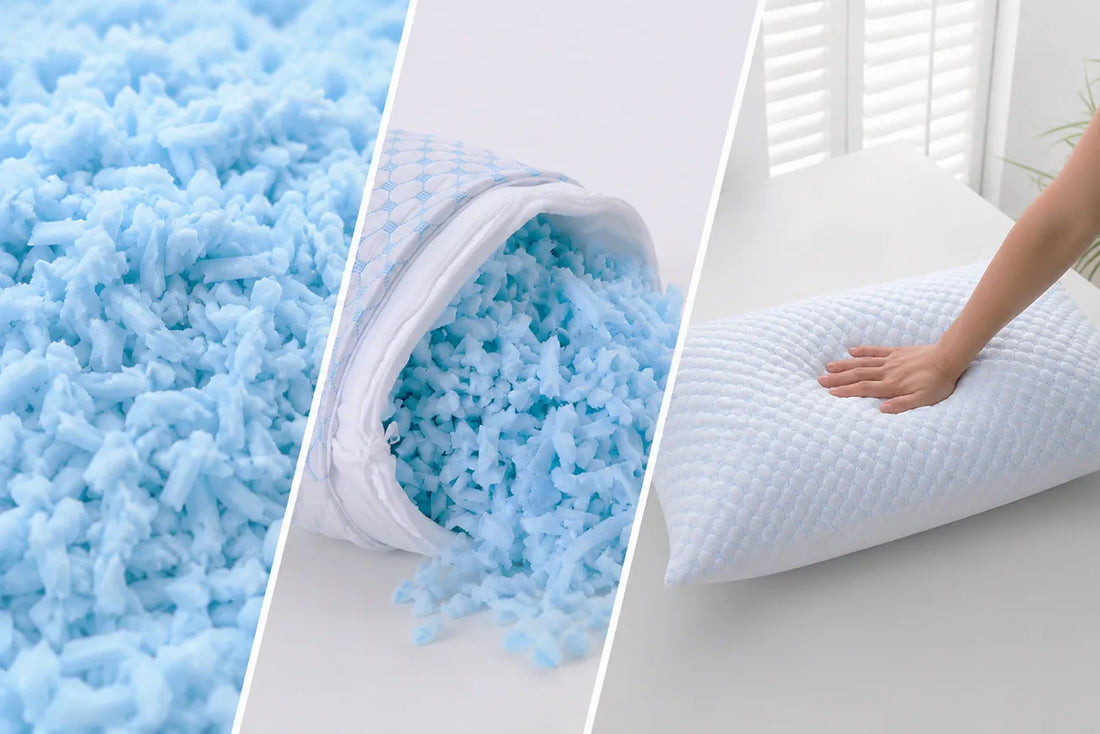 Collage of cooling shredded memory foam, open pillow with visible shredded foam, and a person pressing on a white pillow.