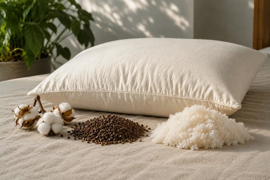 Organic cooling pillow with organic wool, organic cotton and organic buckwheat samples