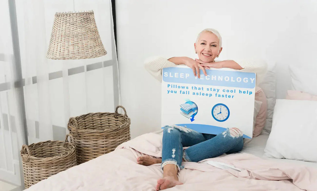 Woman on a white bed, holding a poster showing  'pillows that stay cool ' information