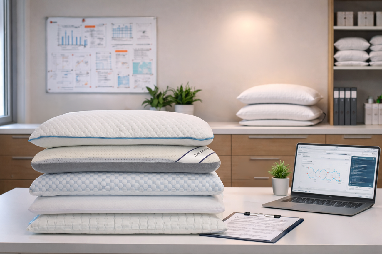 My cooling pillow lab, Stack of pillows on a desk with a laptop and office decor in the background