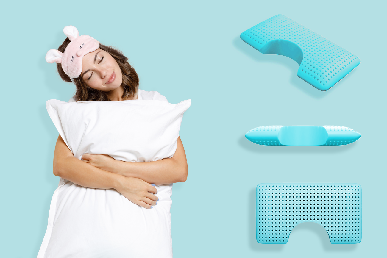 Woman holding  pillow with a tilted head looking at three cooling pillows 